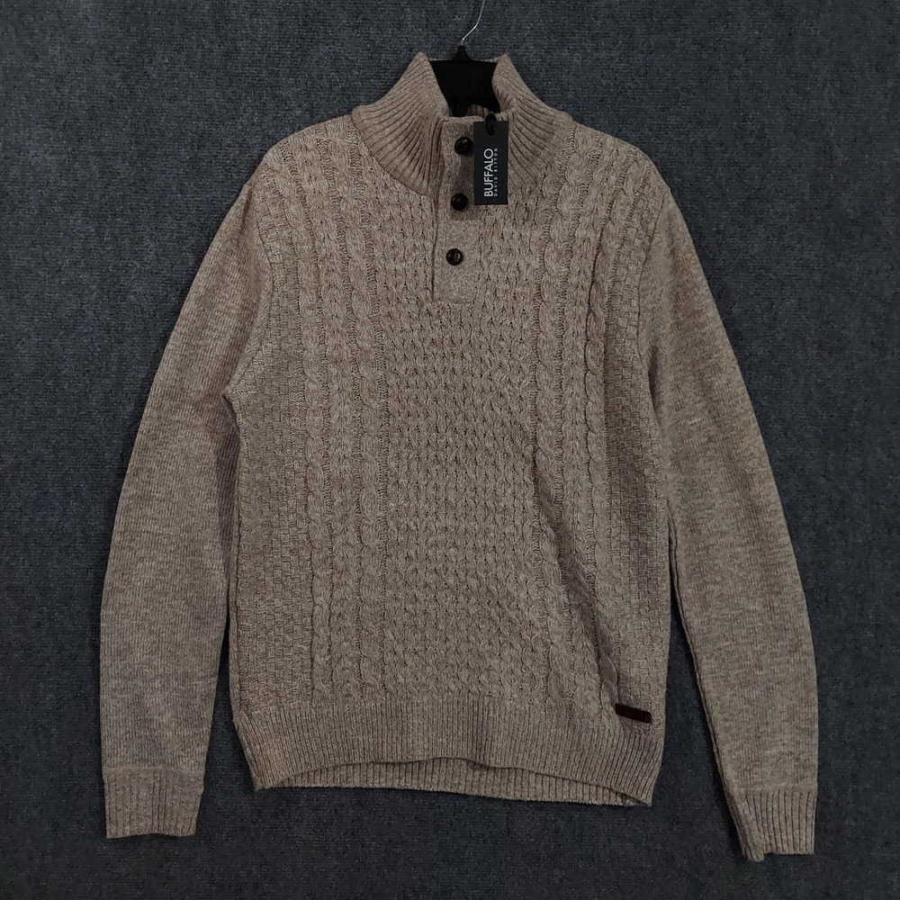 Buffalo David Bitton Sweater‎ Mens Medium Beige Cable Knit Mock Neck Henley NWT